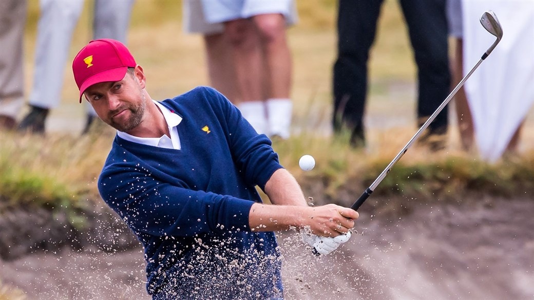 Webb Simpson blasts his Pro V1 golf ball out of a Royal Melbourne bunker during action at the 2019 Presidents Cup.