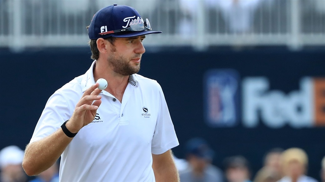 LAnto Grifin Salutes the crowd with his Pro V1 golf ball after holing a birdie putt at the 2019 Houston Open