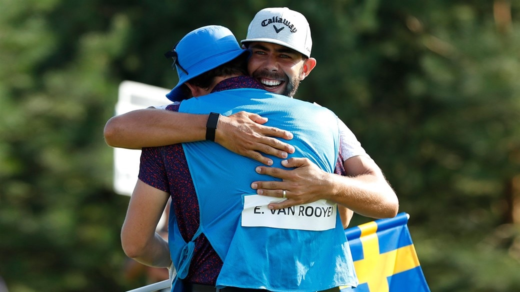 Erik van Rooyen celebrates with his caddie after holing the winning putt with his Pro V1 golf ball at the 2019 Scandinavian Invitation