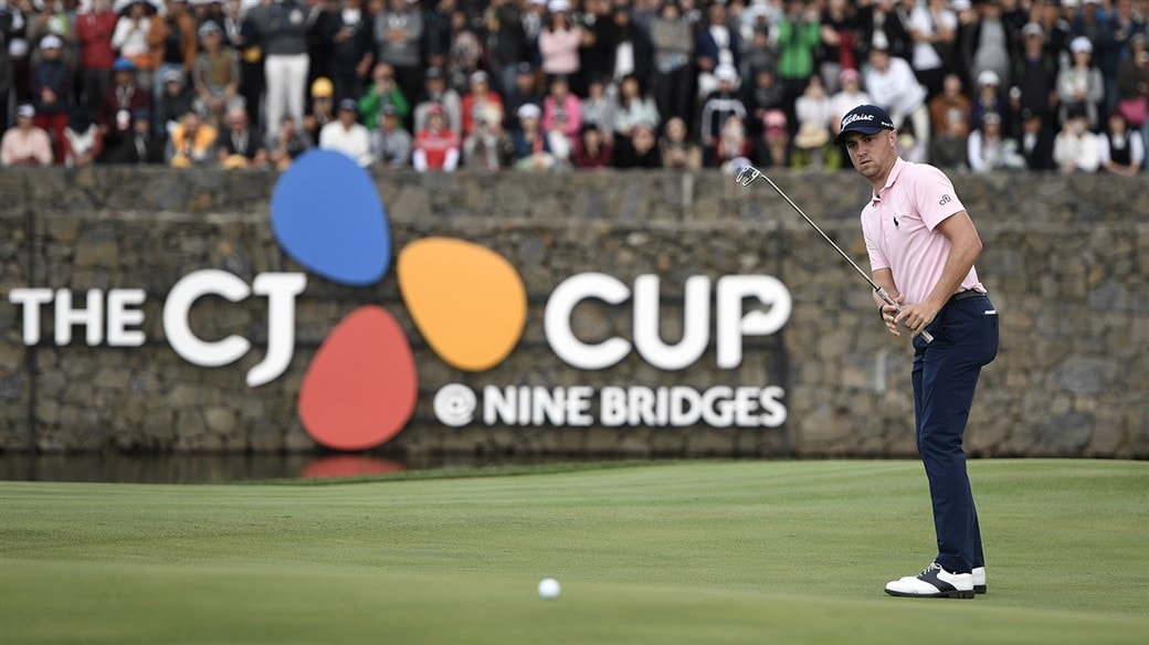 Justin Thomas watches his Pro V1x golf ball roll on the 18th green during his victory at The 2019 CJ Cup @ Nine Bridges