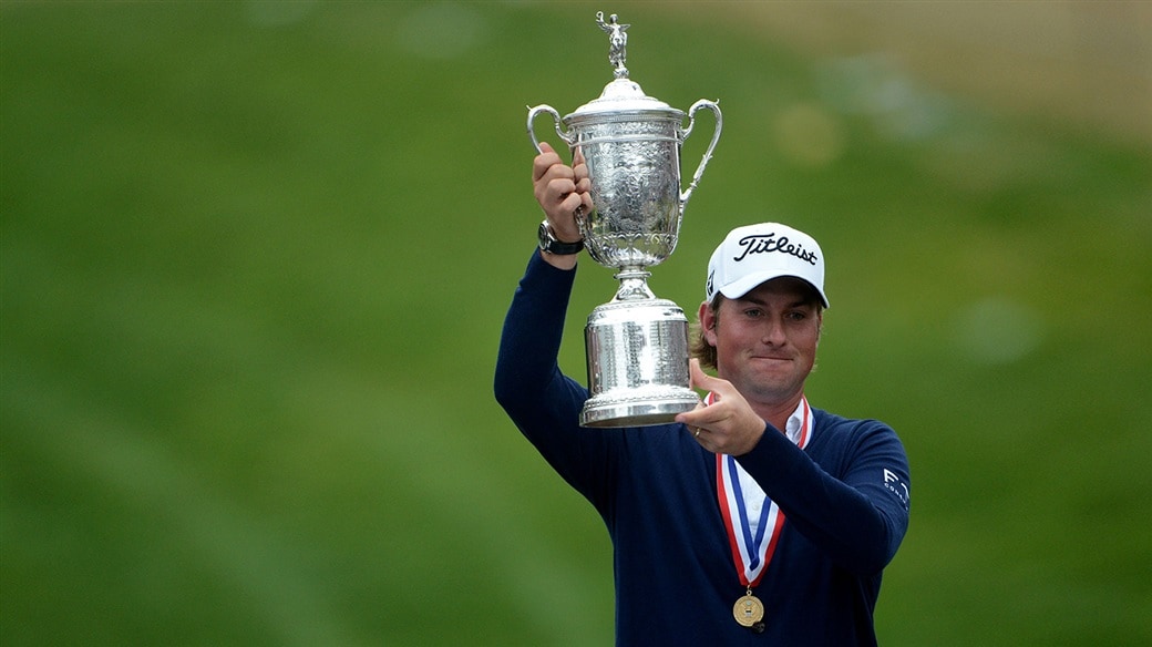 Webb Simpson raises the U.S. Open trophy after capturing his first major title in 2012, at Olympic Club.
