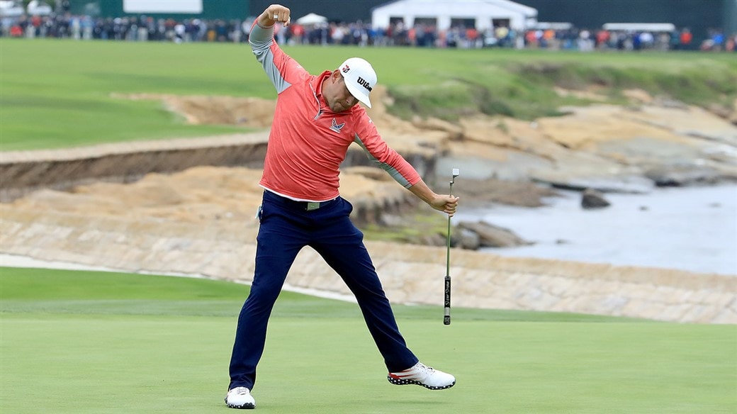 Gary Woodland celebrates after holing his Pro V1 golf ball for birdie to win the 119th U.S Open at Pebble Beach