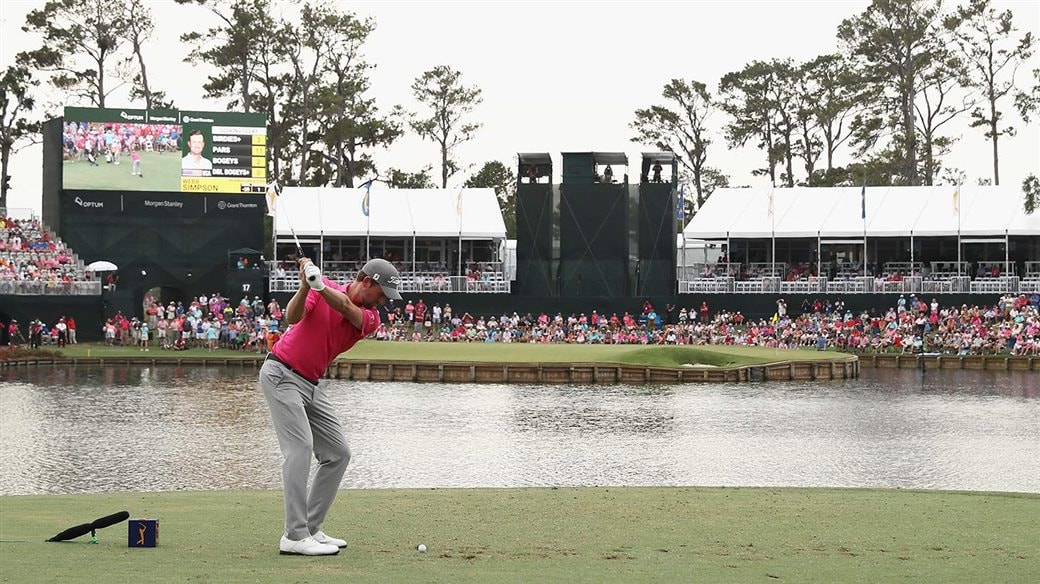 Webb Simpson about to play his tee shot to the famed 17th hole at TPC Sawgrass during final round action at the 2018 PLAYERS Championship.