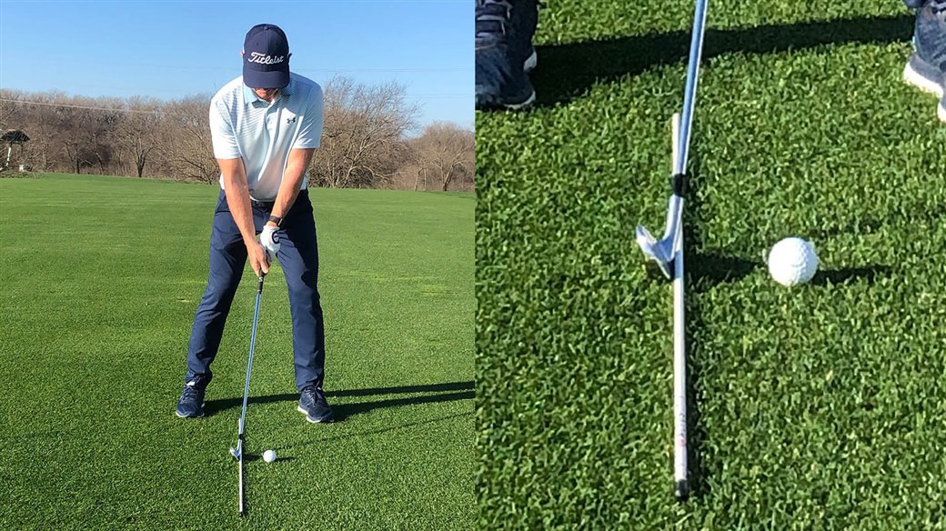 Titleist staff instructor demonstrates how to set up his Jump The Fence Drill for golfers who struggle with hitting behind the golf ball - fat-biased ground contactcontact.