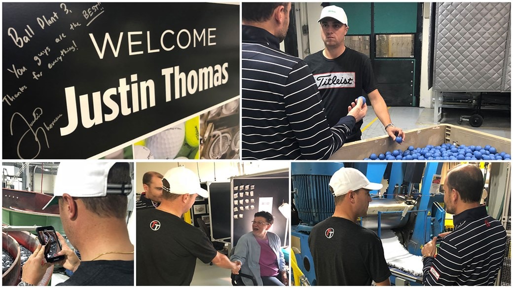 Justin Thomas during a tour of Titleist's Ball Plant 3 Facility in May 2019