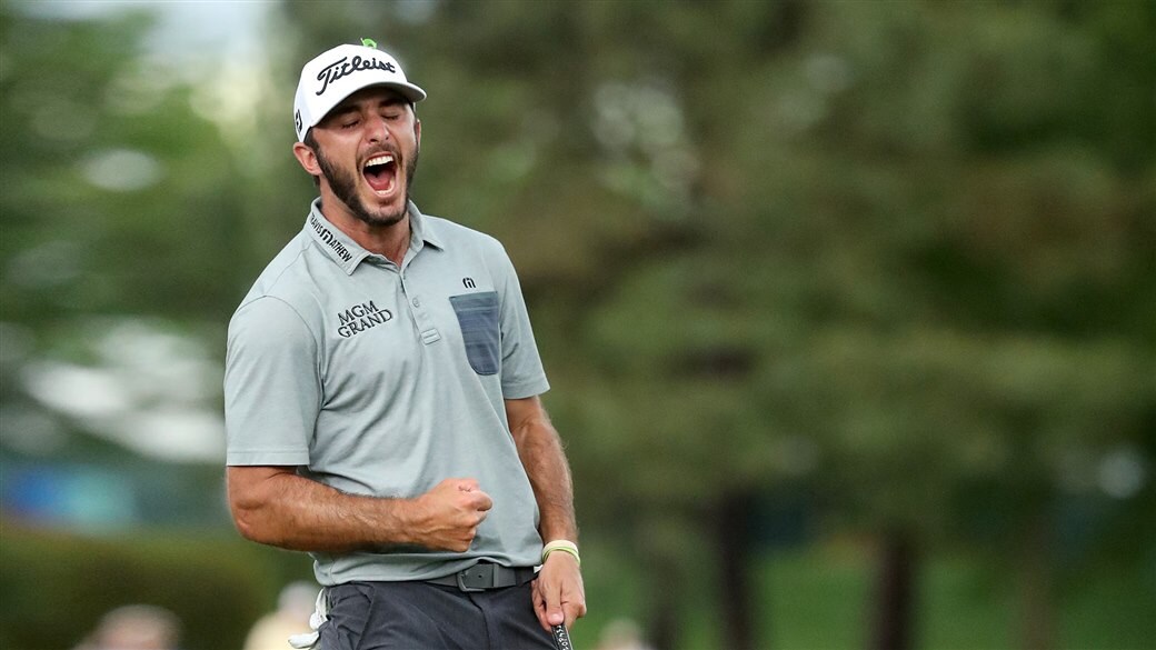 Titleist player Max Homa celebrates after holing the final putt to win the 2019 Wells Fargo Championship