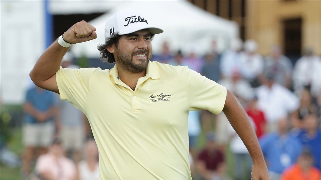 Nelson Ledesma raises his fist in celebration after winning the 2019 TPC Colorado Championship