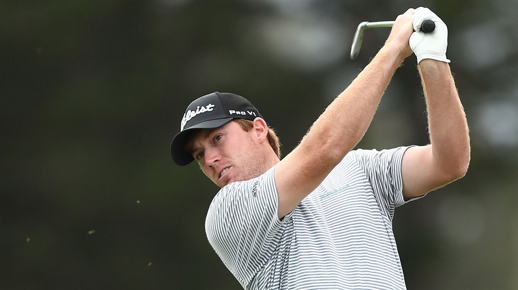 Titleist golfer Robby Shelton hits an approach shot with his 718 CB iron during action at the 2019 Knoxville Open on the Web.com Tour.