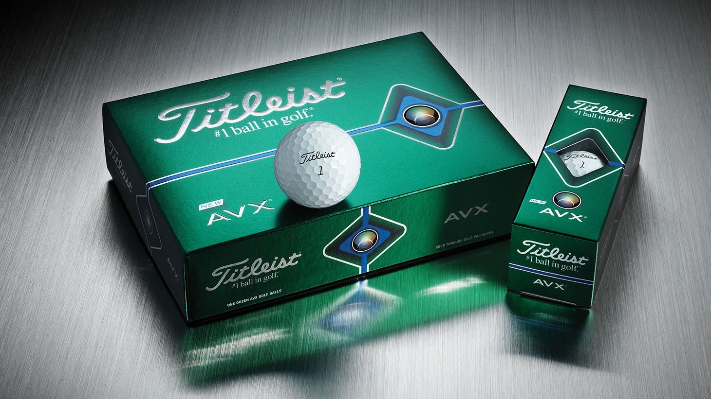 Titleist AVX golf ball dozen, 3-ball sleeve and single golf ball image