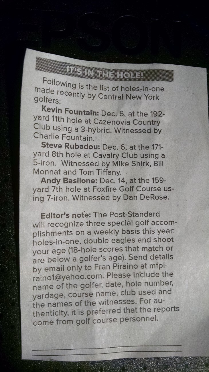 Winter hole in one 2015 Syracuse, NY